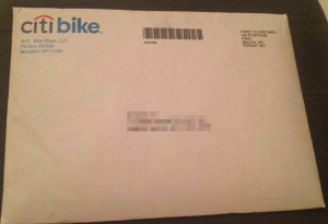 envelope containing the citibike welcome letter