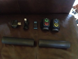 blue goji sensor, buttons, batons, and charger
