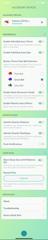 pokemon GO screen when using Pokemon Go Plus Plus device